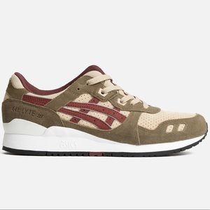 Asics Gel Lyte III Birch, Olive Green, and Burgundy